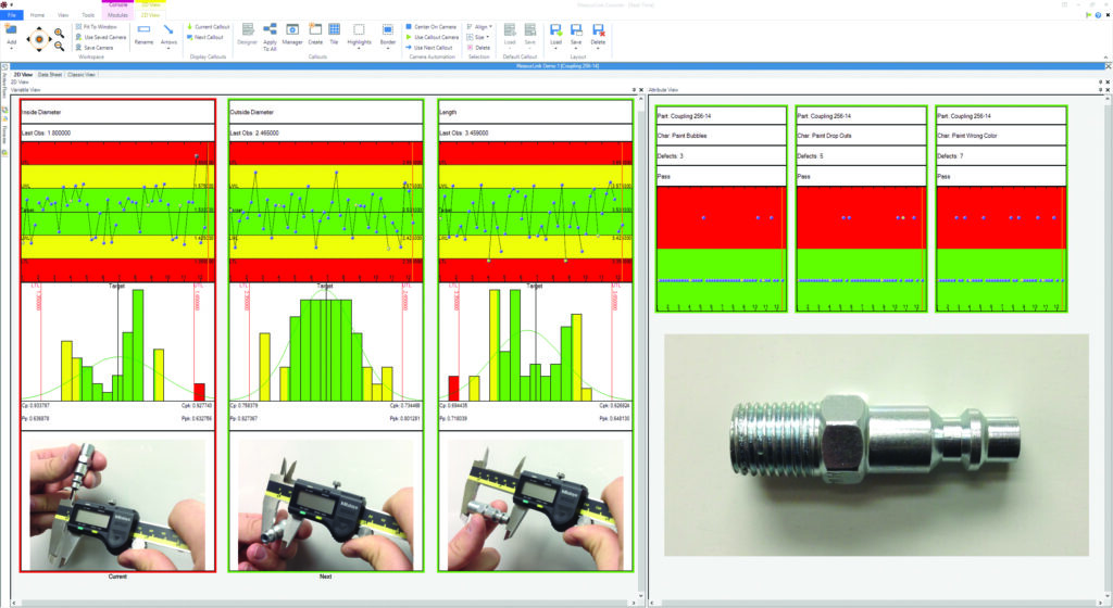 MeasurLink real-time data management software showing control charts, histograms and part images